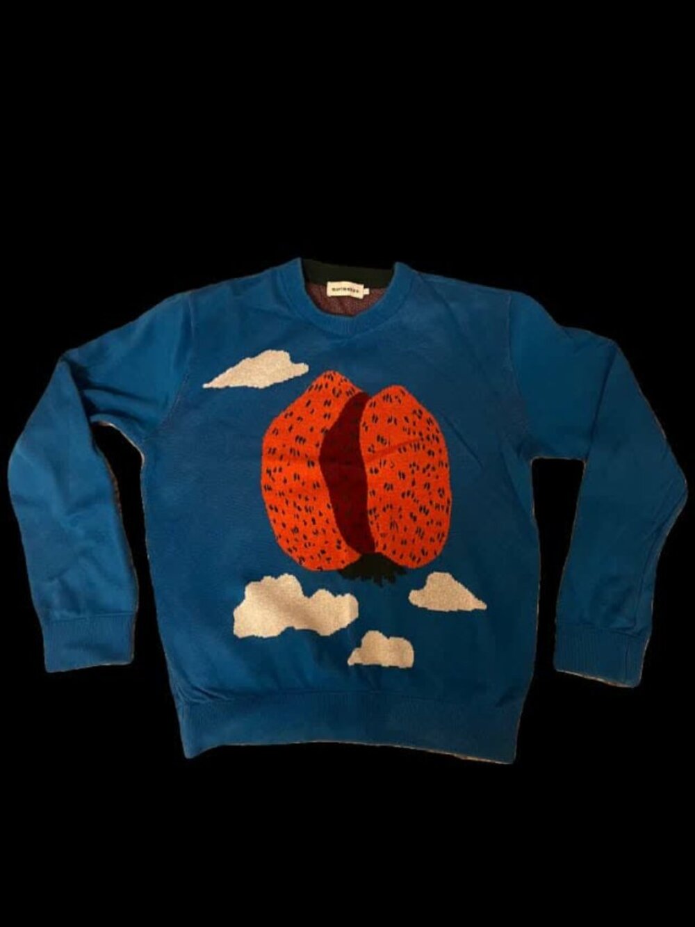 Marimekko Pilvinen Mansikkavuoret Strawberry Sweater Blue Cotton Knit Size S